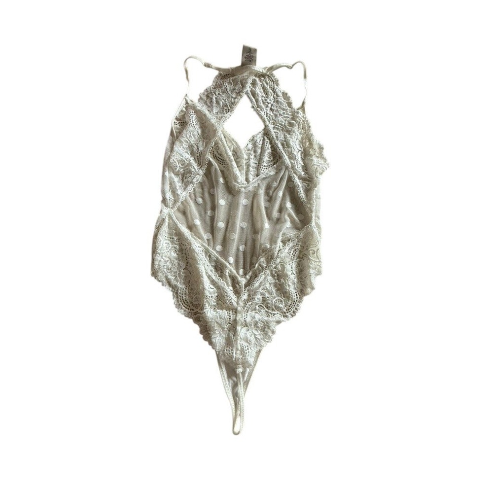 In Bloom by Jonquil Cream Lace Polka Dot Mesh Halter Bodysuit Lingerie Sz Small